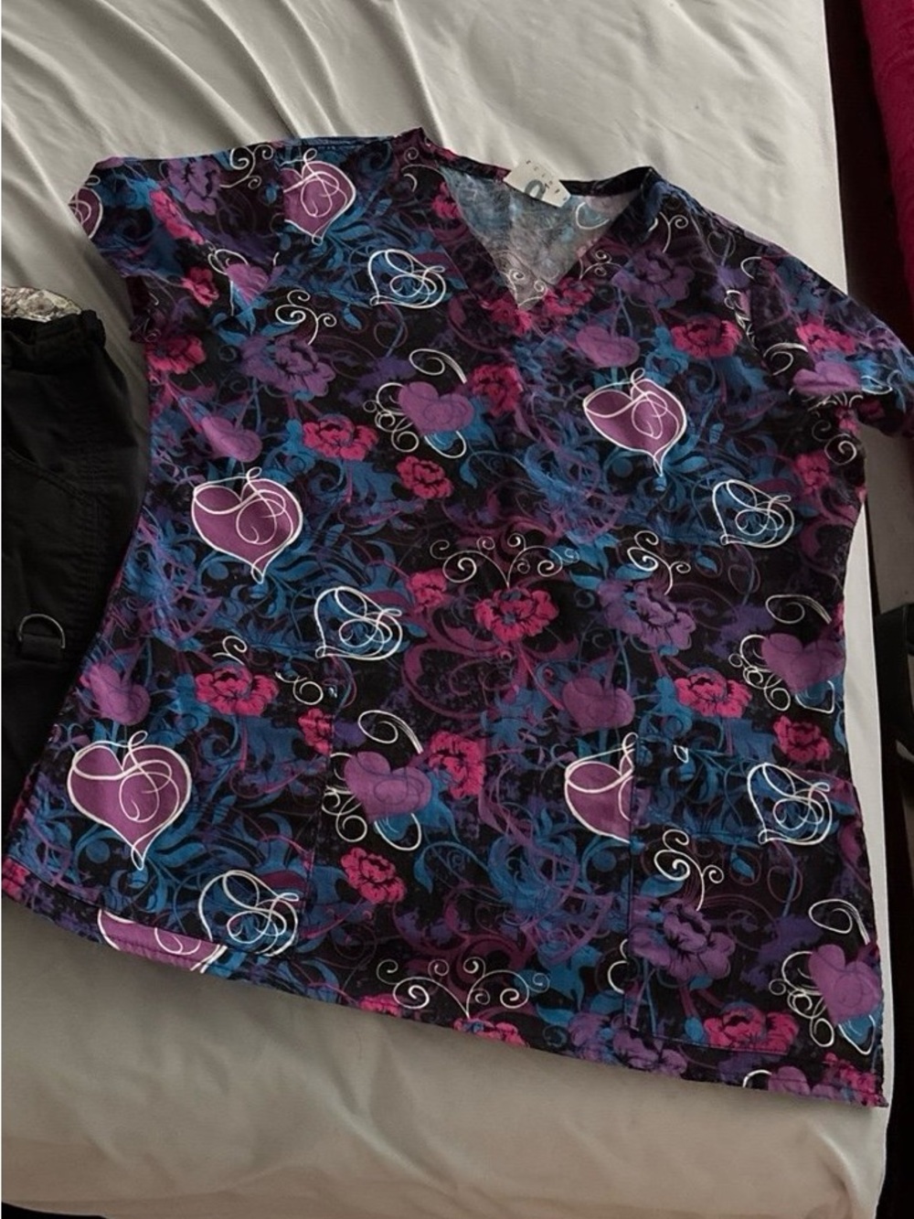 Floral Heart Print Medical Scrub Top - Purple Blue Pink